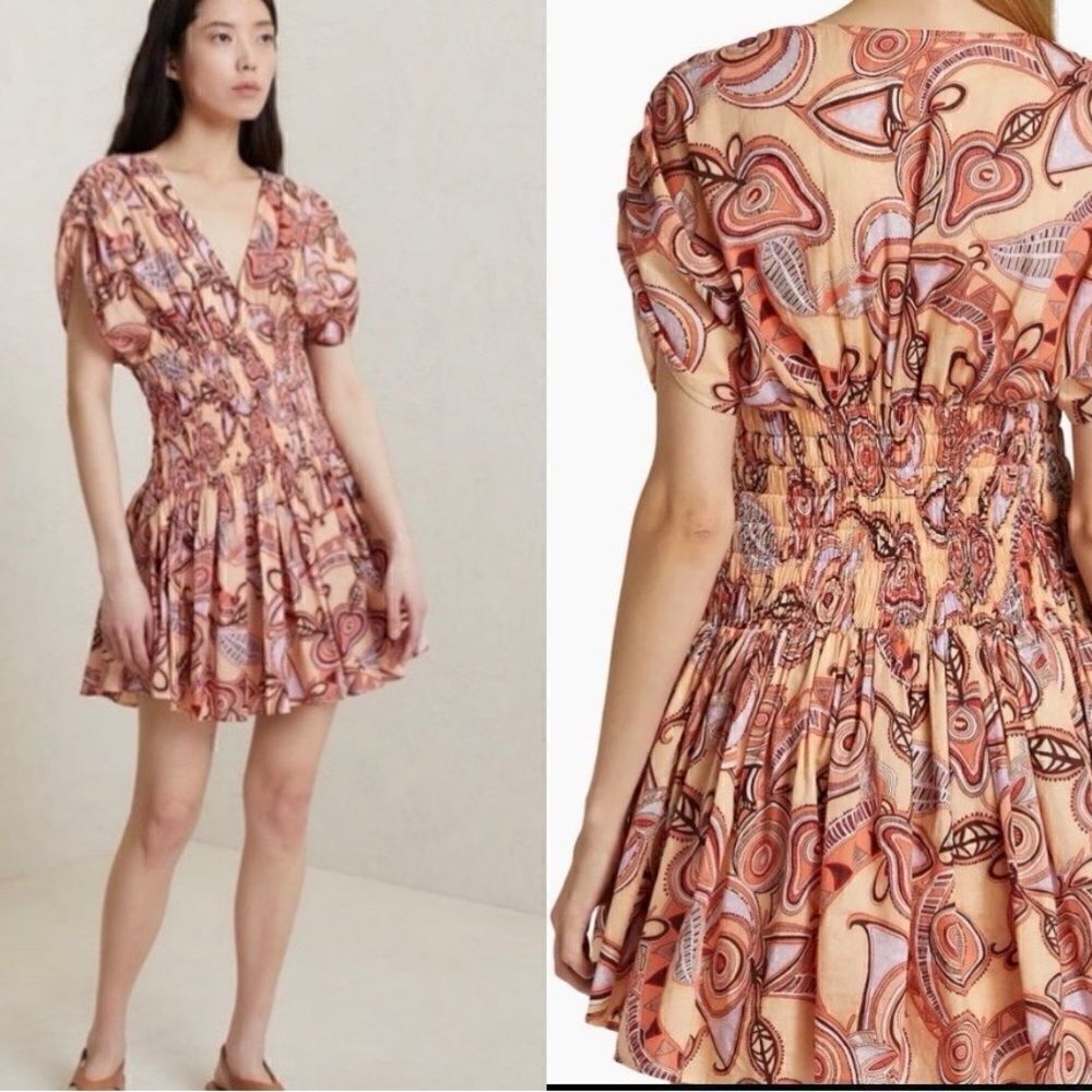 A.L.C Luna Smocked Dress Nude Peach Multi Size 8 $ 495.00